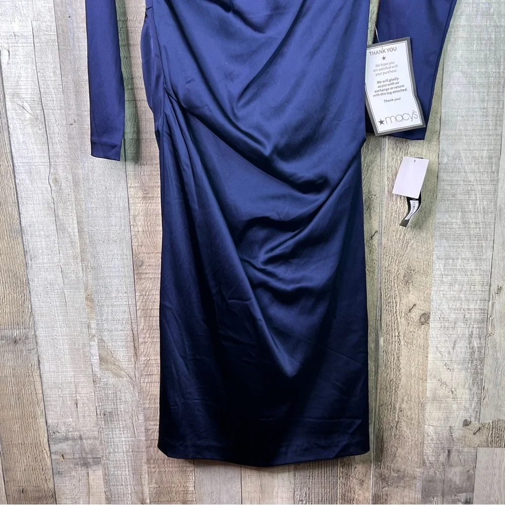 Betsy & Adam Sz. 10 Navy Blue Stretch Satin Lined Long Sleeve Form Fitti… - Picture 5 of 14